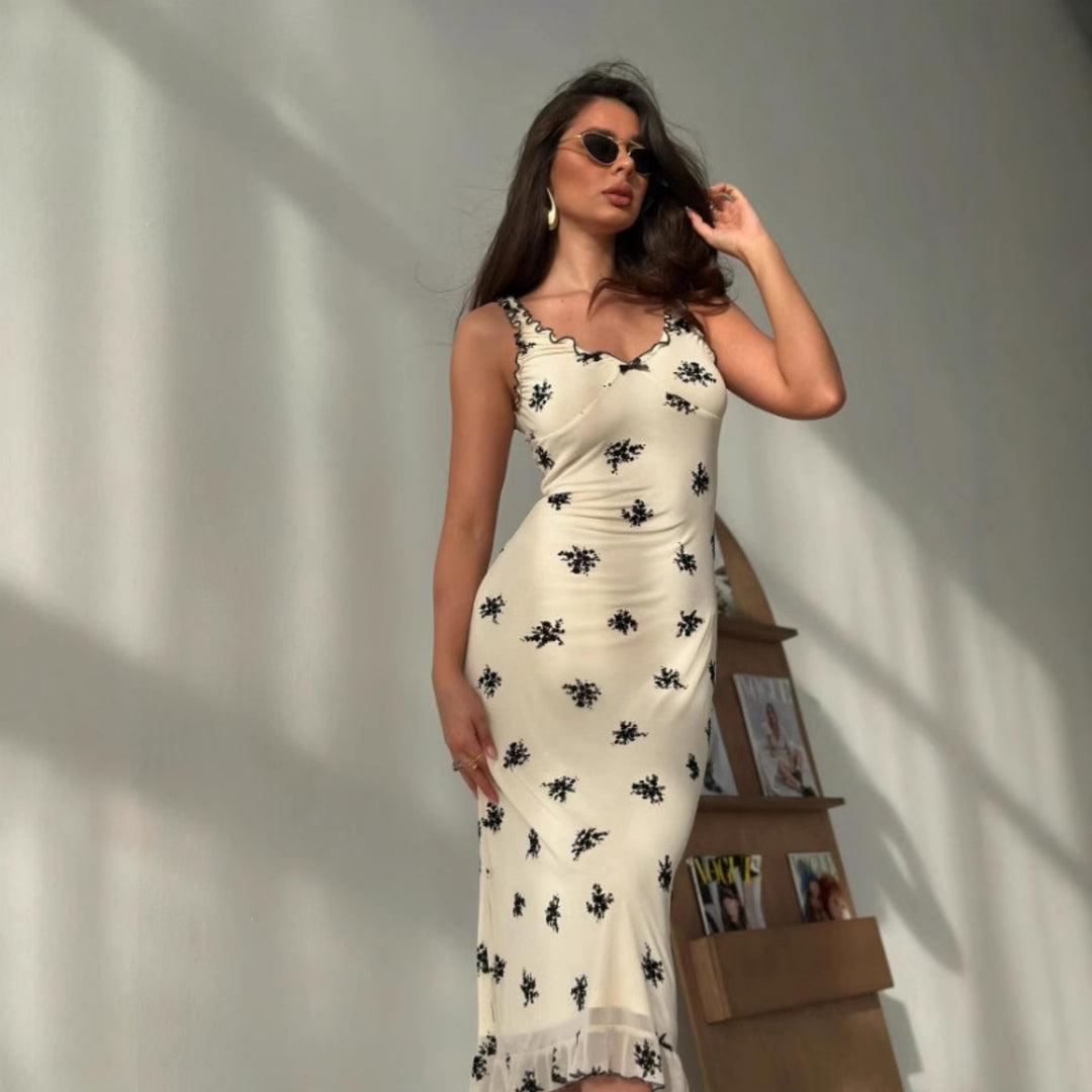 Damen Elegantes Maxikleid mit floralen Motiven und Rüschen Drune
