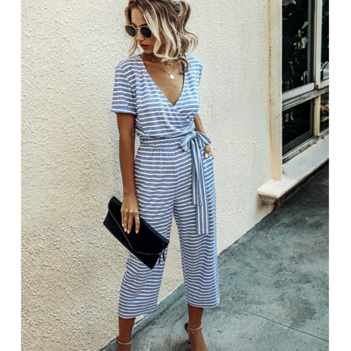 Damen Jumpsuit mit modischem Wickel-Design und gestreiftem Muster Drune