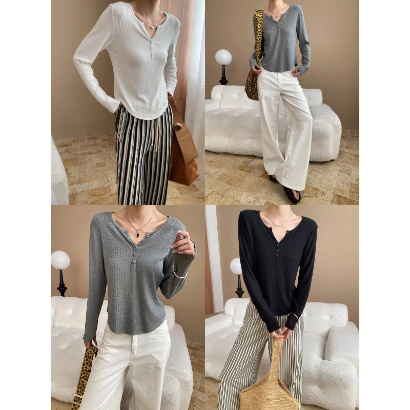 Damen Langarm-Henley-Shirt aus weichem Rippmaterial Drune