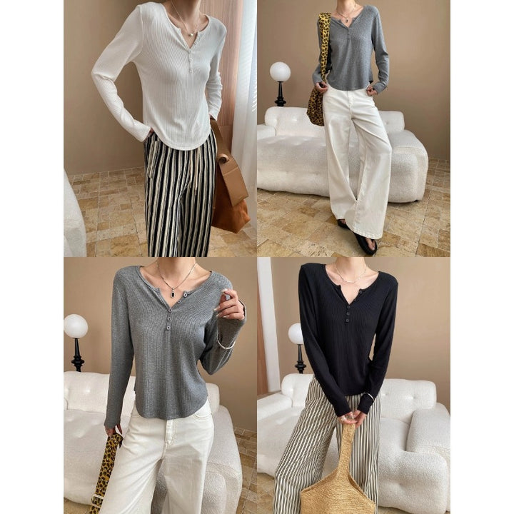 Damen Langarm-Henley-Shirt aus weichem Rippmaterial Drune