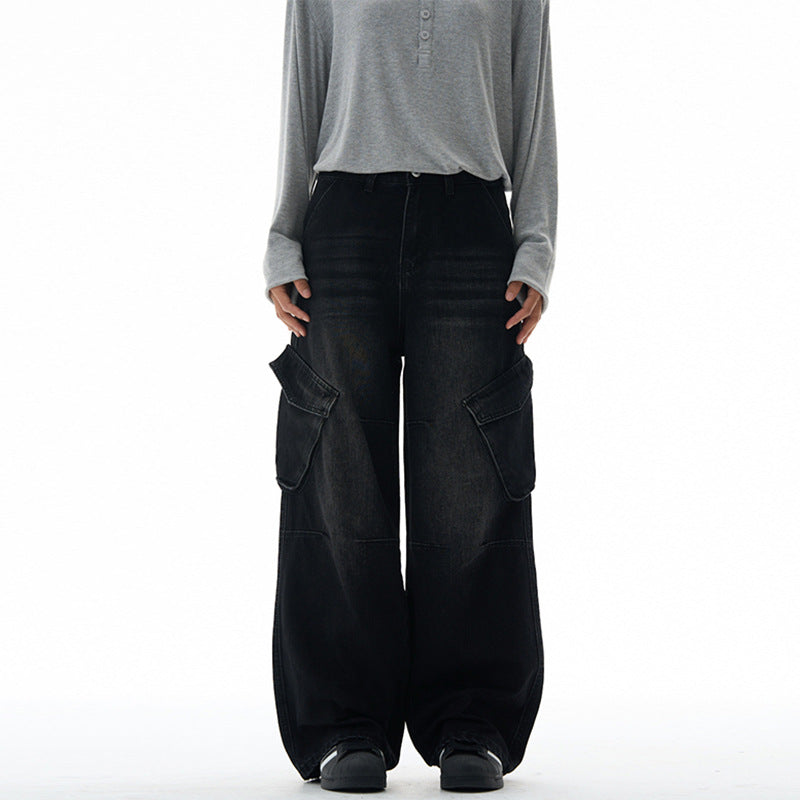 Damen Hochtaillierte Utility-Denim-Palazzohose mit Kniepaneelen und großen Klappentaschen Drune