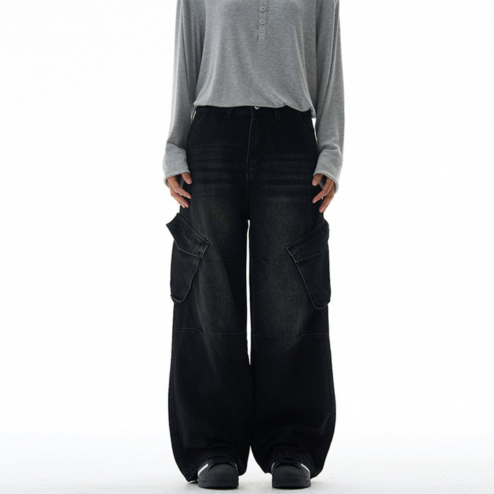 Damen Hochtaillierte Utility-Denim-Palazzohose mit Kniepaneelen und großen Klappentaschen Drune