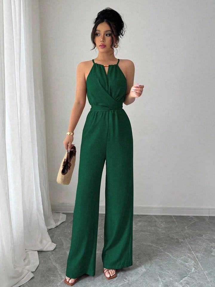 Damen Ärmelloser Neckholder-Jumpsuit mit Wickeloberteil und weitem Bein Drune