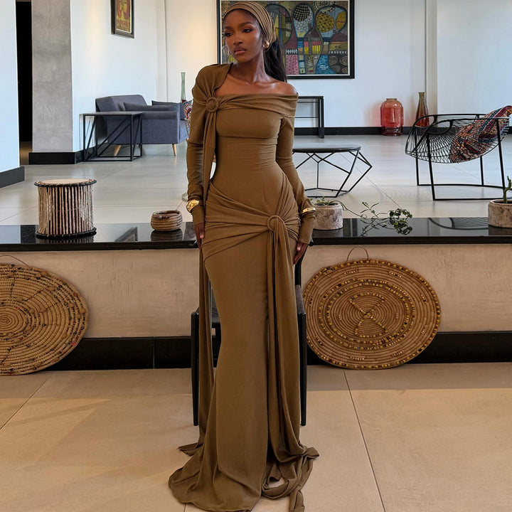 Damen Langärmliges Abendkleid mit asymmetrischem Schnitt und raffinierten Drapierungen Drune