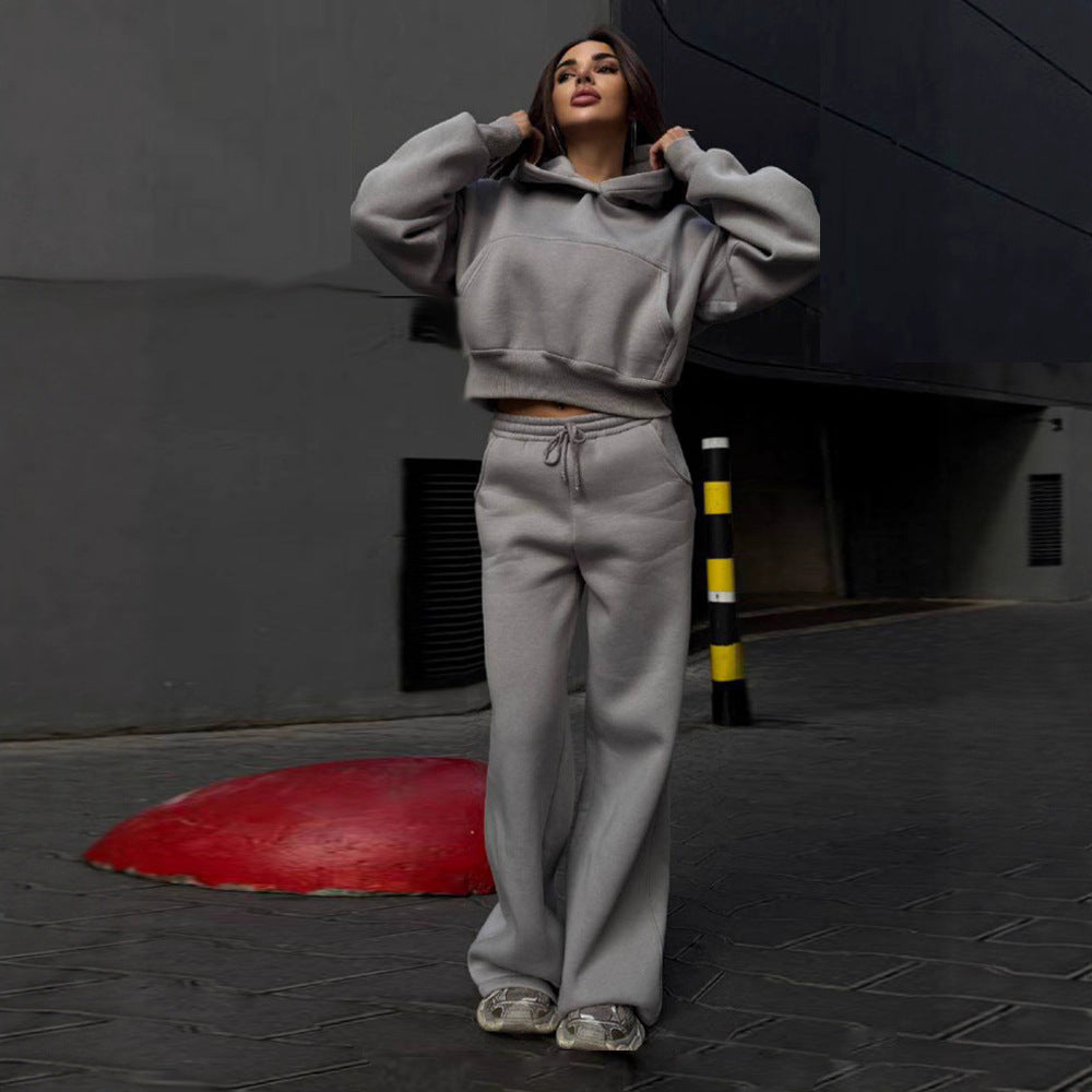 Damen lässiger cropped Hoodie und weit geschnittene Jogginghose Set Drune