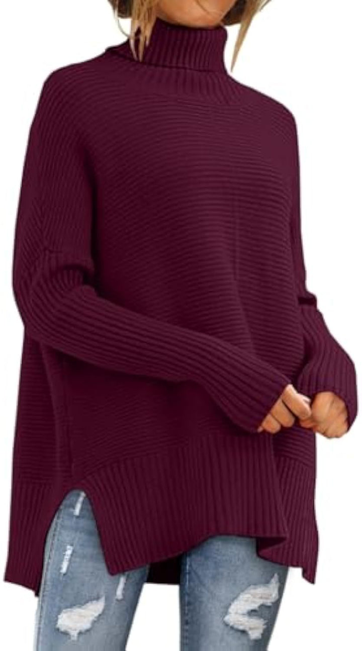 Damen Oversize-Rippenstrick Rollkragenpullover mit Seitenschlitzen und verlängertem Saum Drune