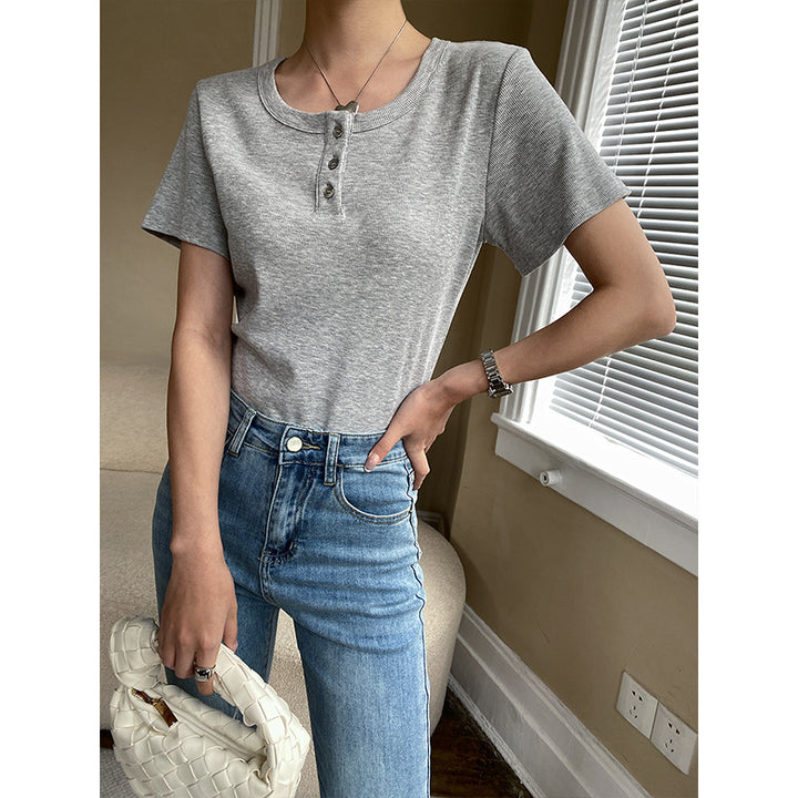 Damen Kurzarm Henley-T-Shirt mit Knopfleiste Drune
