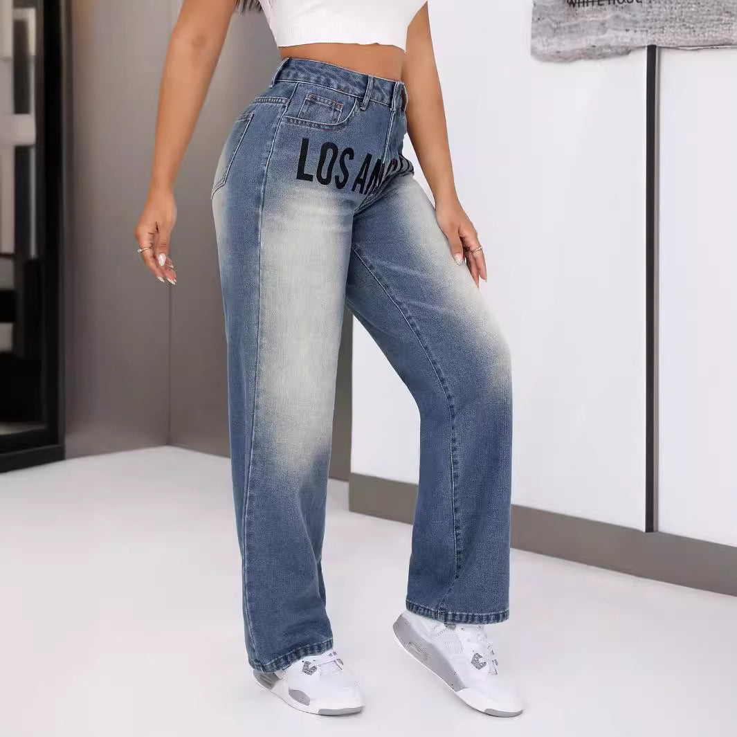 Damen weit geschnittene Jeans mit stylischem Schriftzug Drune