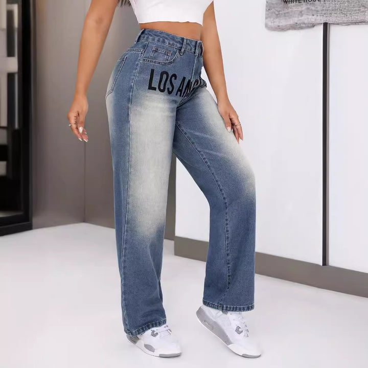 Damen weit geschnittene Jeans mit stylischem Schriftzug Drune