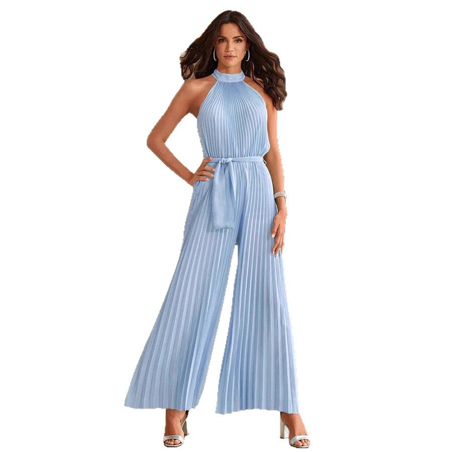 Damen Plissierter Ärmelloser Jumpsuit mit hohem Stehkragen, weitem Palazzo-Bein und Taillenschärpe Drune