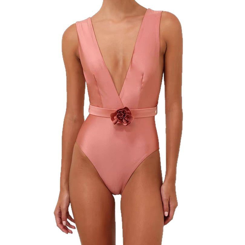 Damen Eleganter Badeanzug mit Blumenapplikation Drune