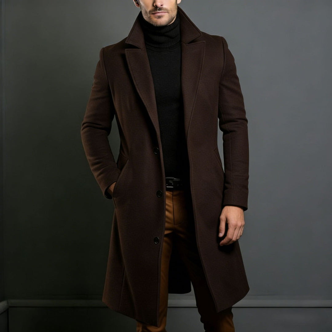 Herren Eleganter einreihiger Langmantel aus Wollmix mit schmaler Silhouette und Reverskragen Drune