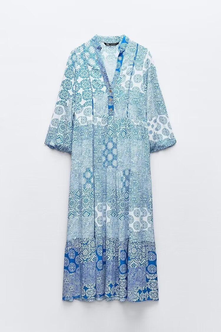 Damen Maxi‑Kleid im Patchwork‑Print mit V‑Ausschnitt, Stufenrock und 3/4‑Ärmeln Drune