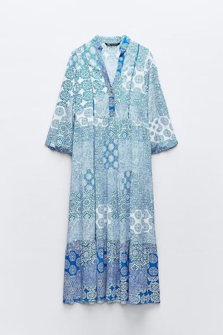 Damen Maxi‑Kleid im Patchwork‑Print mit V‑Ausschnitt, Stufenrock und 3/4‑Ärmeln Drune