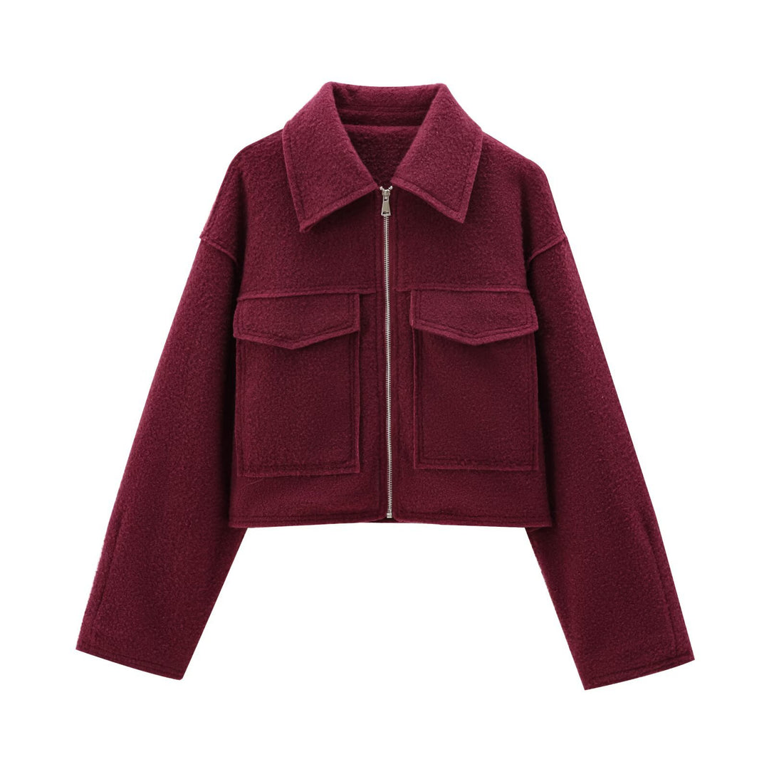 Damen Kurze Bouclé‑Jacke im Boxy‑Cut mit Reißverschluss und Pattentaschen Drune