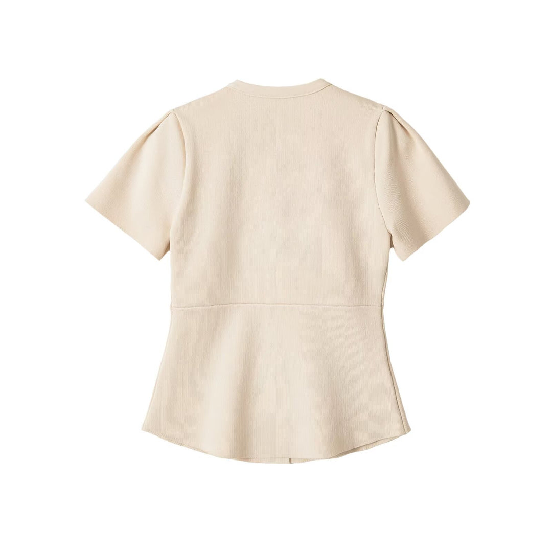 Damen Taillierte Stretch-Strickbluse mit verdeckten Stoffknöpfen und doppelten Volantärmeln Drune