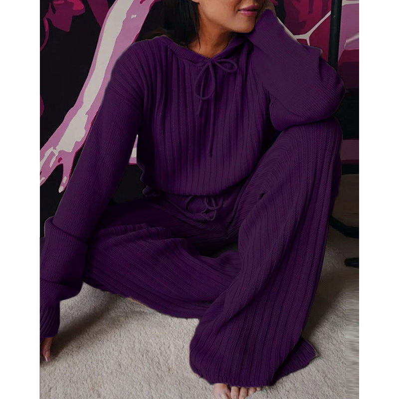 Damen Geripptes Strick-Loungewear-Set mit Kapuzenpullover und weiter Kordelzughose Drune