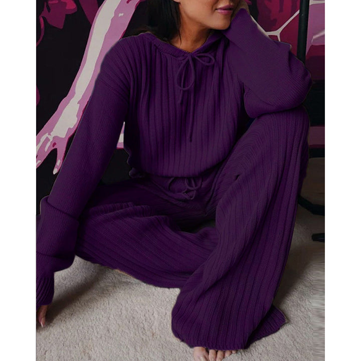 Damen Geripptes Strick-Loungewear-Set mit Kapuzenpullover und weiter Kordelzughose Drune