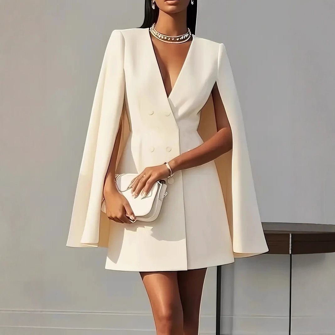 Damen Cape-Blazer-Kleid mit Doppelreihe und tiefem V-Ausschnitt Drune