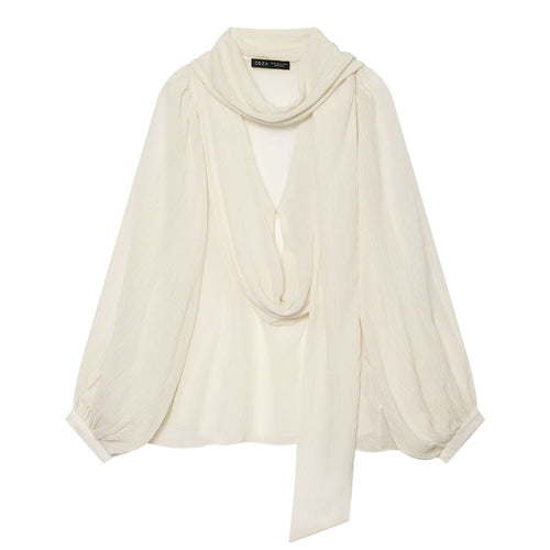 Damen Leichte Crêpe‑Bluse mit drapiertem Schalkragen und Ballonärmeln Drune