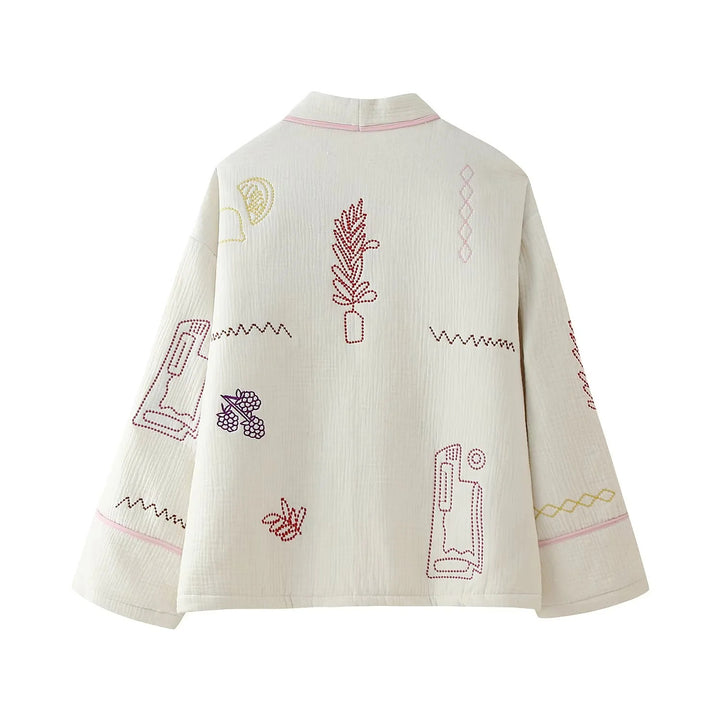 Damen nan gesteppte Kimono-Jacke mit dekorativer Stickerei, aufgesetzten Taschen und lässigem Oversize-Schnitt Drune
