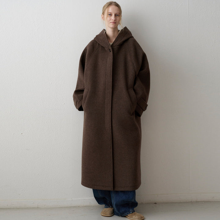 Damen Oversized Wollmantel mit Kapuze und praktischen Taschen Drune