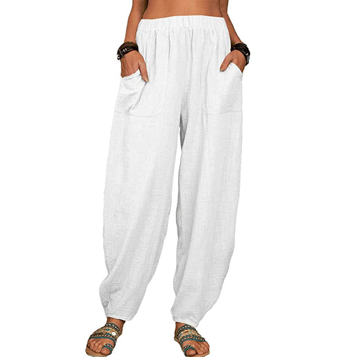 Damen nan lockere Leinenhose mit weitem Bein elastischem Bund und großen aufgesetzten Taschen Drune