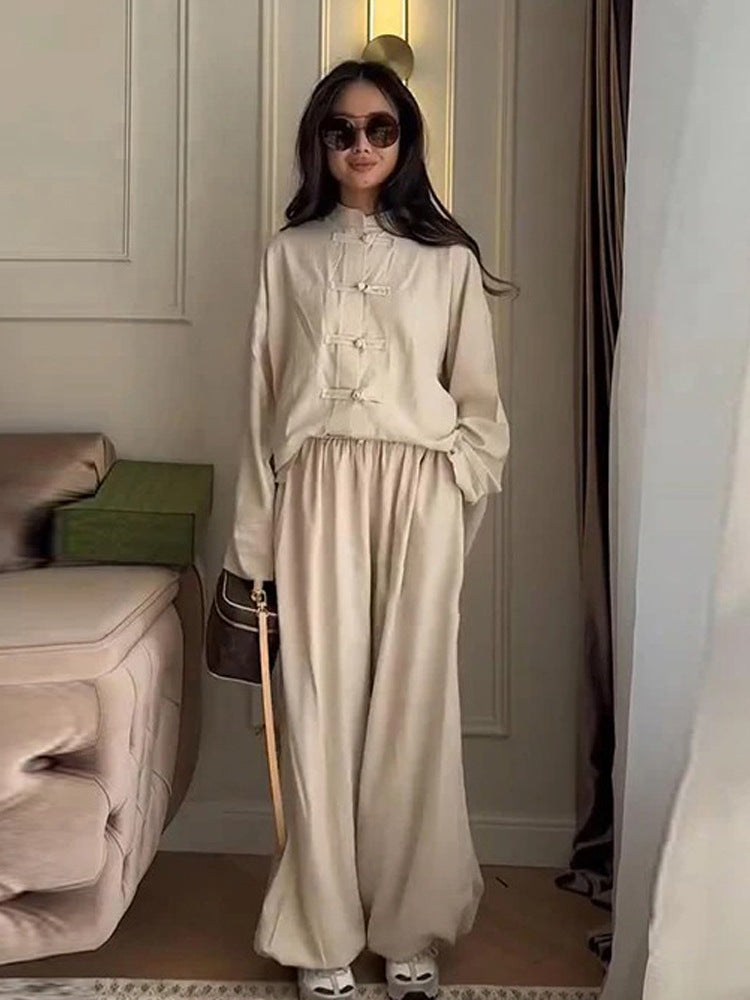 Damen Zweiteiliges Oversize Lounge‑Set mit Stehkragen und dekorativen Knotenverschlüssen Drune