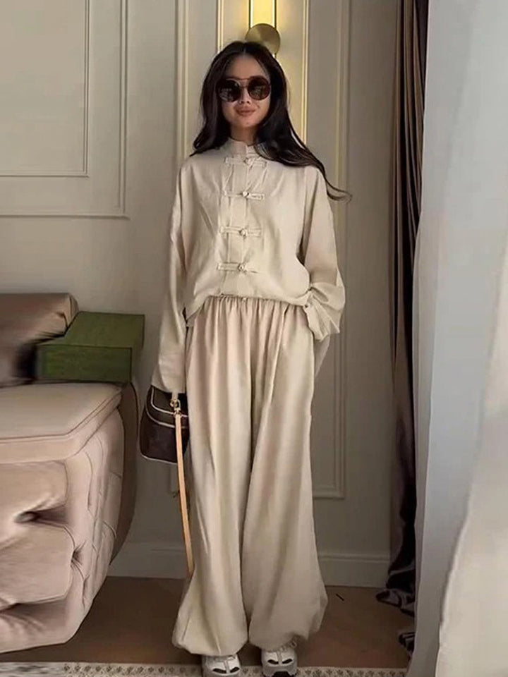 Damen Zweiteiliges Oversize Lounge‑Set mit Stehkragen und dekorativen Knotenverschlüssen Drune