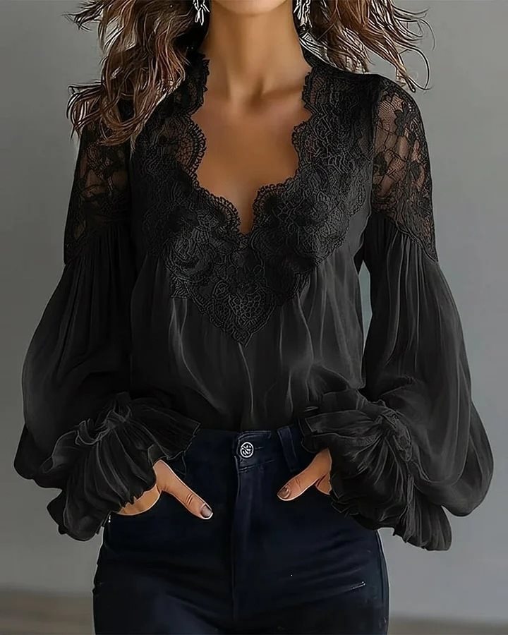 Damen Chiffon-Bluse mit Spitzen-V-Ausschnitt und weiten Plissee-Ärmeln Drune