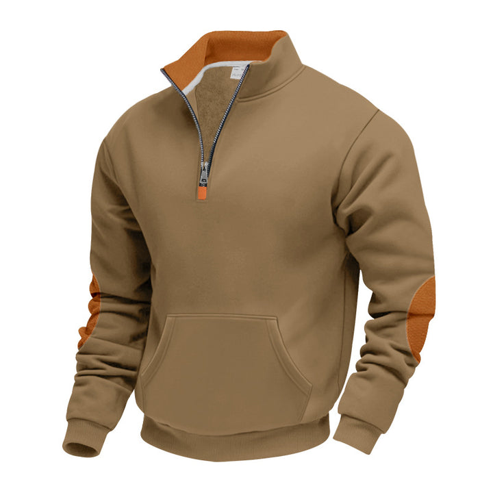 Herren nan isolierter Halbzip-Pullover mit Stehkragen Fleece-Innenfutter Kängurutasche und Wildleder-Ellenbogenpatches Drune