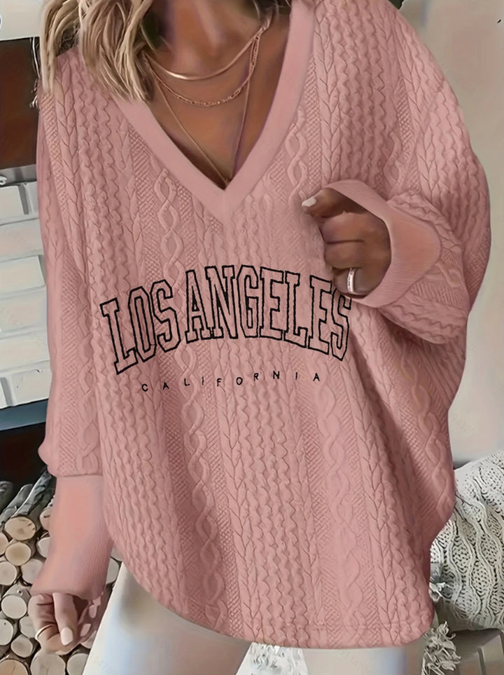 Damen nan Oversize-Zopfmuster-Strickpullover mit V-Ausschnitt und Logo-Print Drune