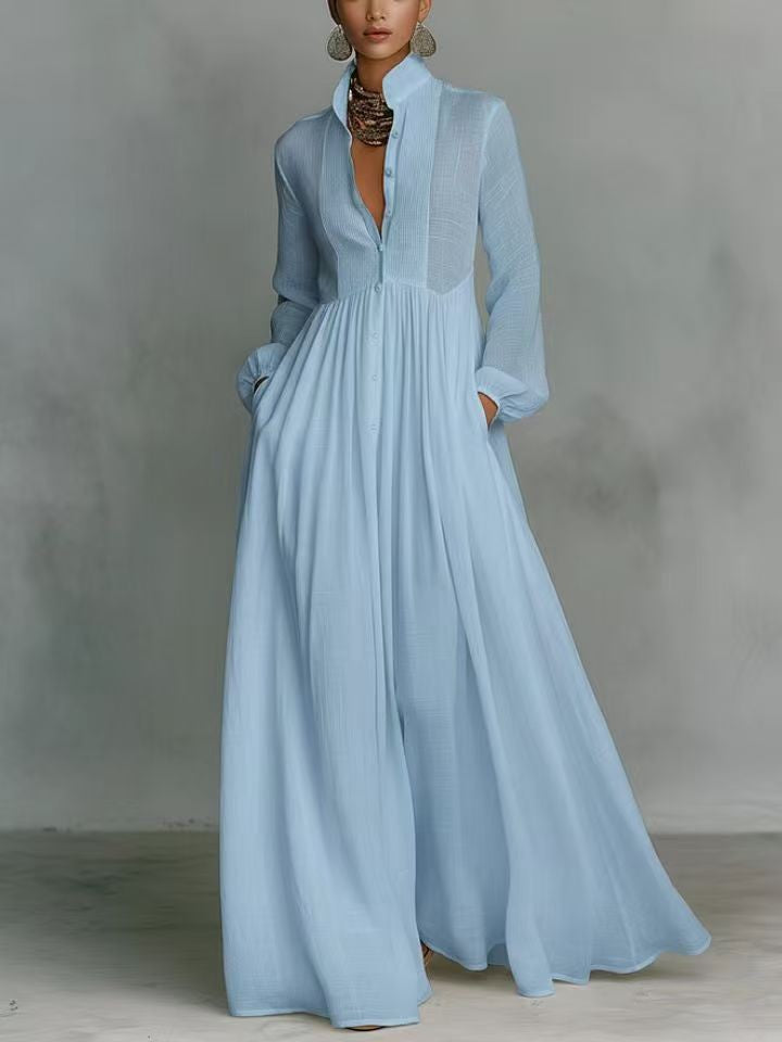Damen Maxikleid mit Stehkragen, Knopfleiste und seitlichen Taschen Drune
