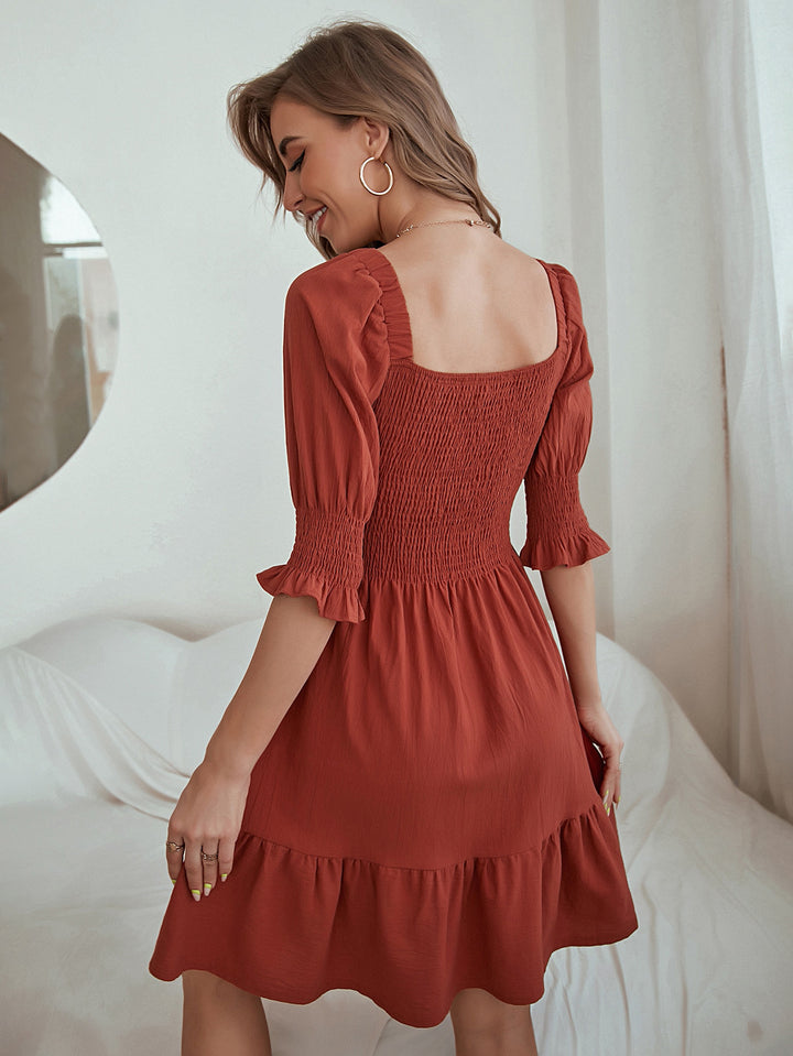 Damen Kurzarmkleid mit geraffter Taille und voluminösem Rock Drune
