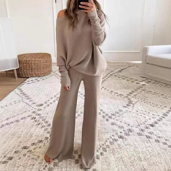 Damen Lässiges Strick-Loungewear-Set mit weitem Schnitt und off-shoulder Oberteil Drune
