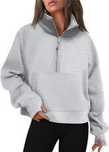 Damen nan weit geschnittenes Kurzpullover mit Stehkragen, halbem Reißverschluss und Kängurutasche Drune