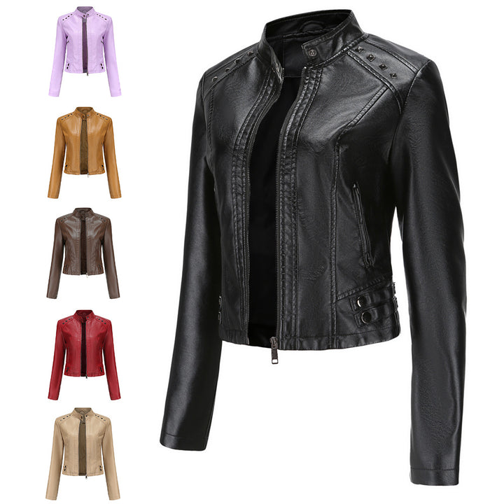 Damen nan kurze taillierte Kunstlederjacke mit Nietenbesatz und Stehkragen Drune