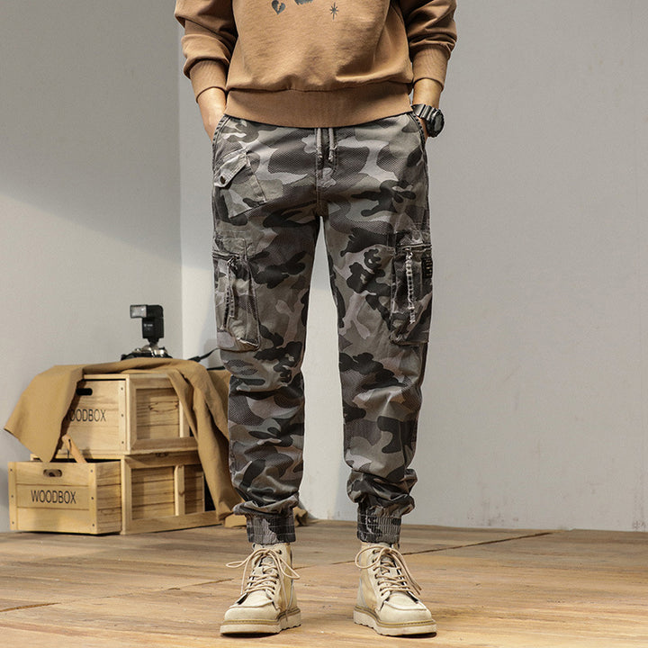 Herren Camouflage-Bundfalten-Cargojogger mit elastischem Tunnelzugbund, Multifunktionstaschen und Ripstop-Optik Drune