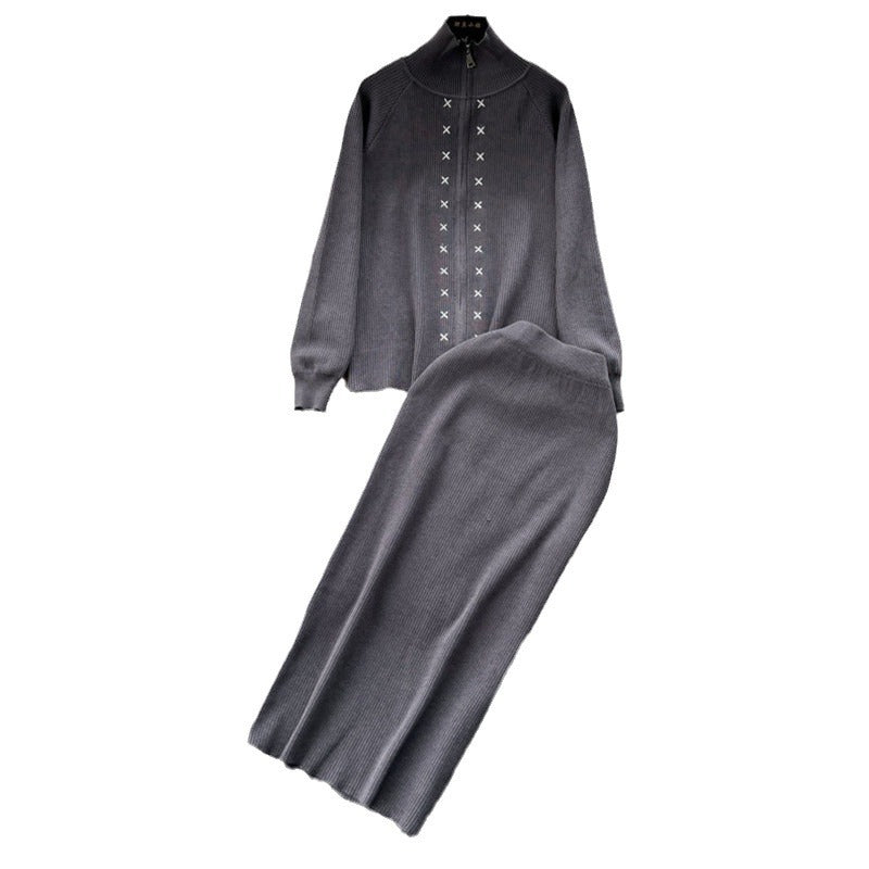 Damen eleganter Strickanzug mit Reißverschluss Drune