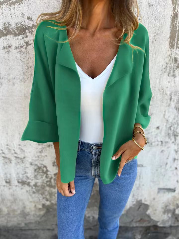 Damen nan legerer offener Strickcardigan mit Schalkragen krempelbaren Ärmeln und kastiger Silhouette Drune