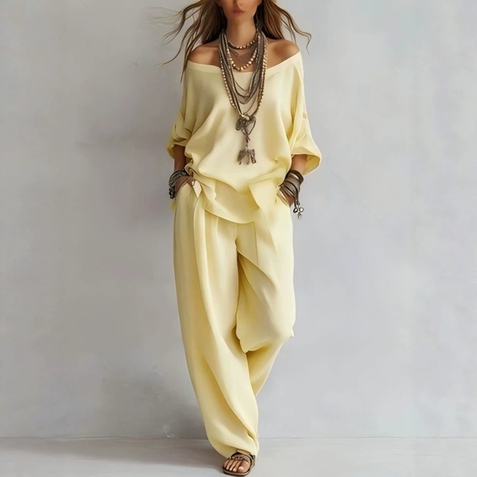 Damen Lässiges Leichtes Lounge-Set mit Carmenausschnitt und Palazzo-Hose Drune