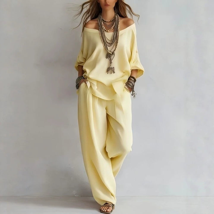 Damen Lässiges Leichtes Lounge-Set mit Carmenausschnitt und Palazzo-Hose Drune