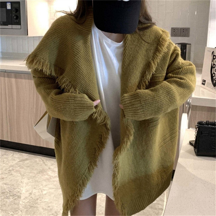 Damen Oversized Strickjacke mit fransigen Details und offenem Schnitt Drune