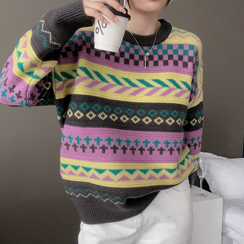 Damen Grobstrickpullover mit geometrischem Muster und weitem Schnitt Drune