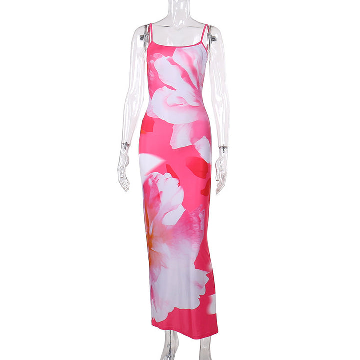 Damen trendiges Maxi-Kleid mit floralem Muster und schmalen Spaghettiträgern Drune