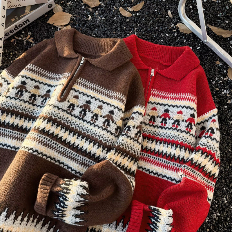 Damen Jacquard-Halbzip-Pullover mit Polokragen und Norweger‑Intarsie Drune