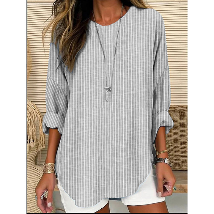 Damen Casual Leinenlook Lange Bluse mit feinen Streifen Drune