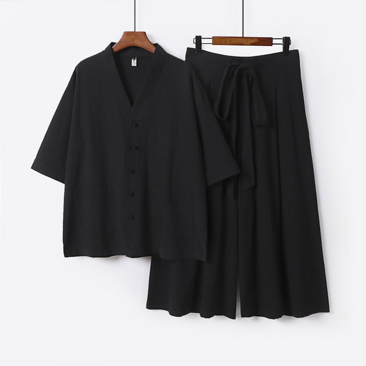 Damen Zweiteiliges Kimono-Lounge-Set mit Kurzarm-Knopfjacke, aufgesetzten Taschen und weiten Palazzo-Hosen Drune