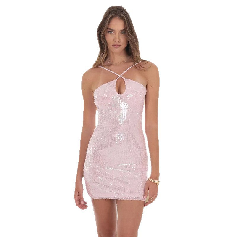 Damen Glitzerndes Minikleid mit eleganter Trägergestaltung und tiefem Ausschnitt Drune