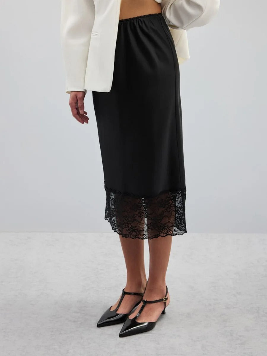 Damen eleganter Satin-Rock mit floralen Spitzenakzenten Drune